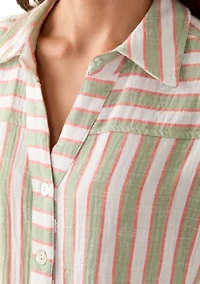 Petite Yarn-Dyed Short Sleeve Collared Shirt with Tie Front