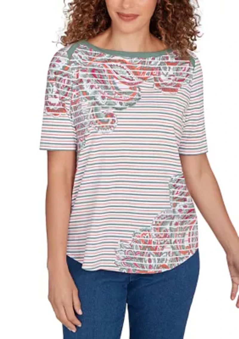 Petite Paisley Stripe Elbow Sleeve Top