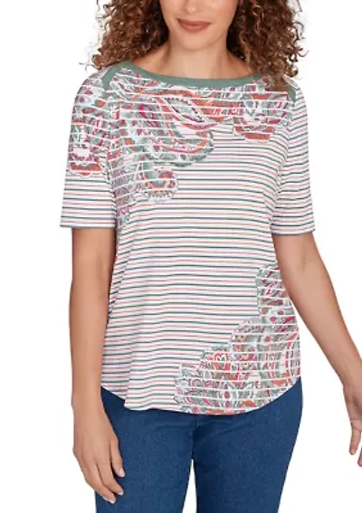 Petite Paisley Stripe Elbow Sleeve Top