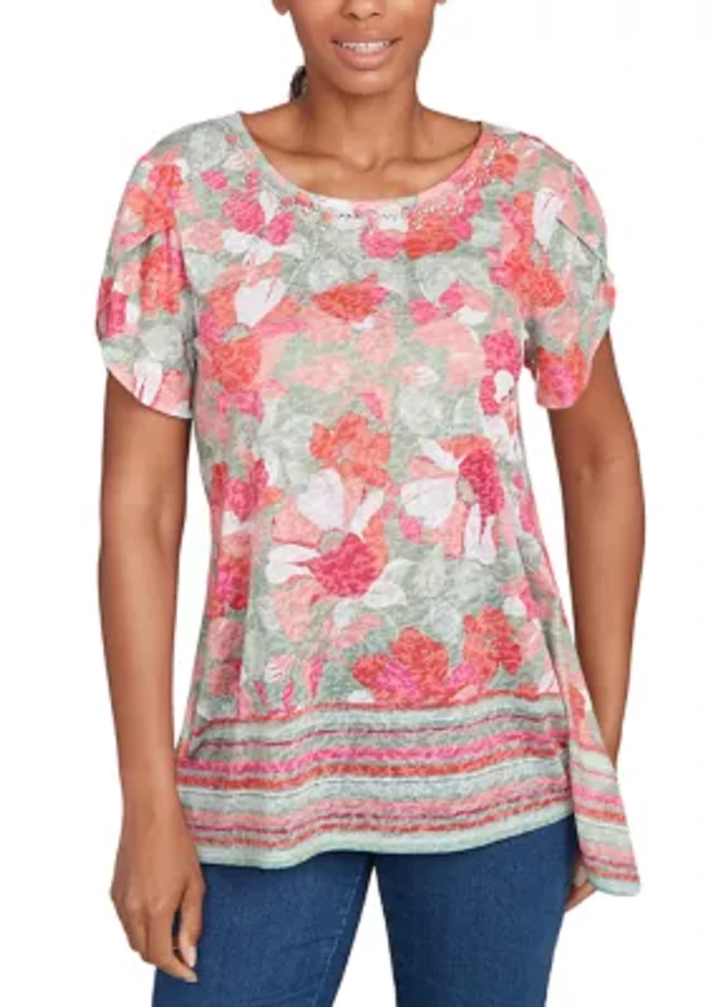 Petite Floral Striped Border Flutter Sleeve Top