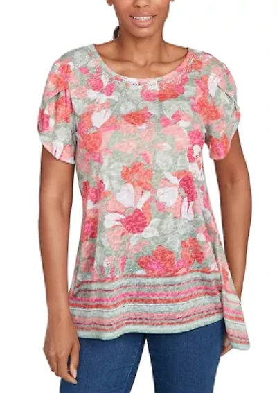 Petite Floral Striped Border Flutter Sleeve Top