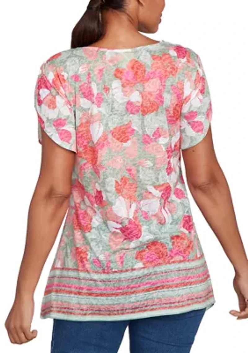 Petite Floral Striped Border Flutter Sleeve Top