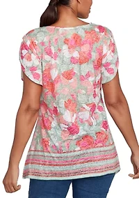 Petite Floral Striped Border Flutter Sleeve Top