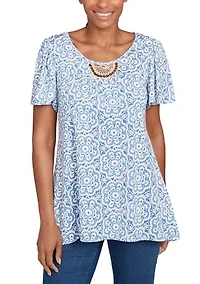 Women's Beaded Macrame Puff Print Top