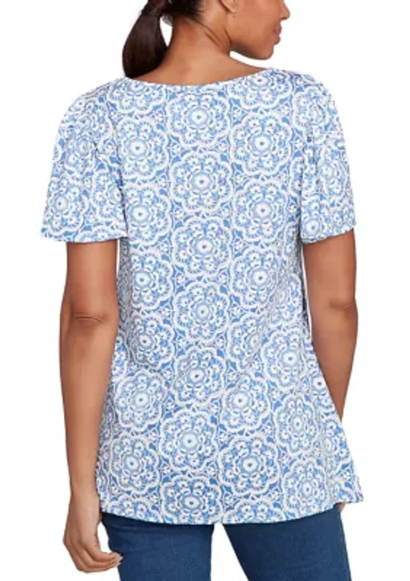 Women's Beaded Macrame Puff Print Top