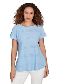 Women's Crochet Texture Button Sleeve T-Shirt