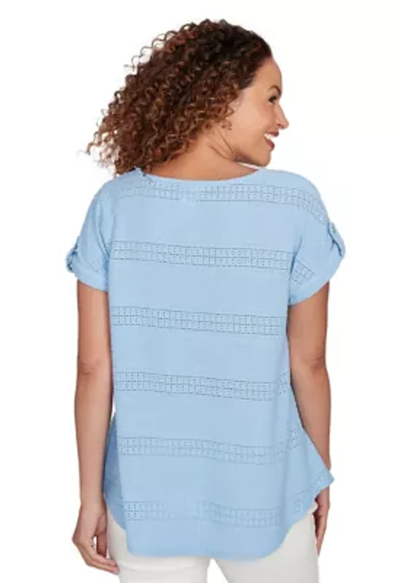 Women's Crochet Texture Button Sleeve T-Shirt