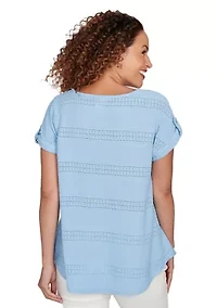 Women's Crochet Texture Button Sleeve T-Shirt