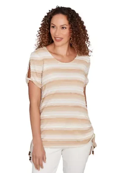 Women's Textured Stripe Cold Shoulder Top