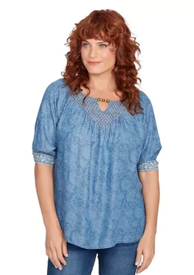 Plus Floral Border Super Soft Embellished T-Shirt