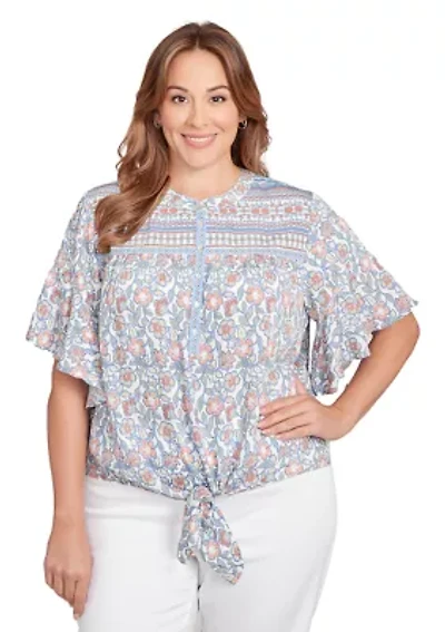 Plus Vintage Floral Tie Front Henley T-Shirt