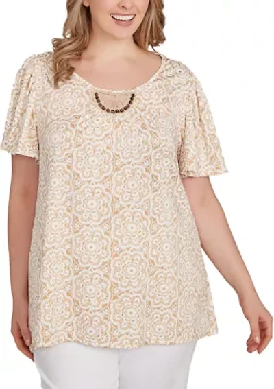 Plus Beaded Macramé Puff Print Top