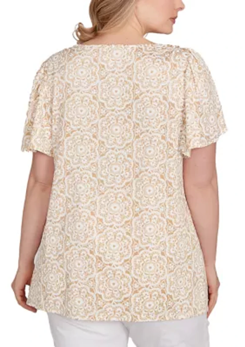 Plus Beaded Macramé Puff Print Top