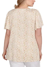 Plus Beaded Macramé Puff Print Top