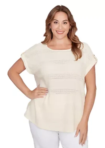 Plus Crochet Texture Button Sleeve T-Shirt