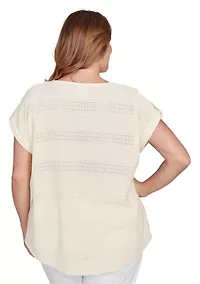 Plus Crochet Texture Button Sleeve T-Shirt