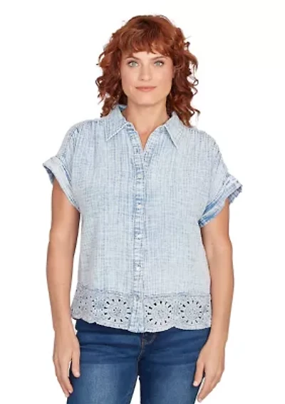Petite Snow Washed Crochet Hem Collared T-Shirt