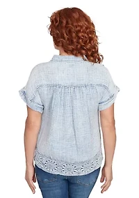 Petite Snow Washed Crochet Hem Collared T-Shirt