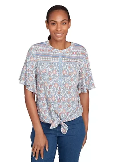 Petite Vintage Floral Tie Front Henley T-Shirt