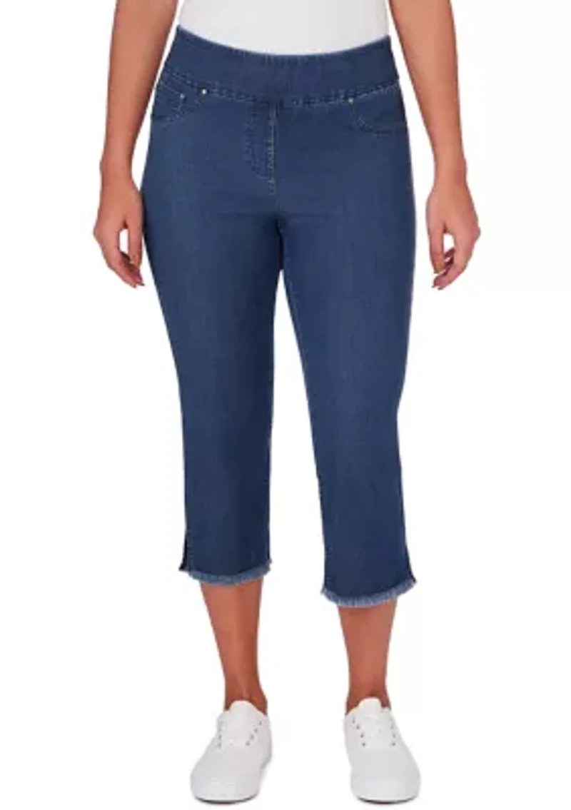 Women's Soft Denim Pull On Fringe Capri Pants