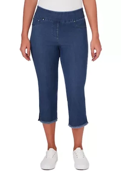 Women's Soft Denim Pull On Fringe Capri Pants
