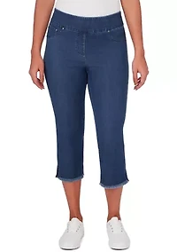 Women's Soft Denim Pull On Fringe Capri Pants