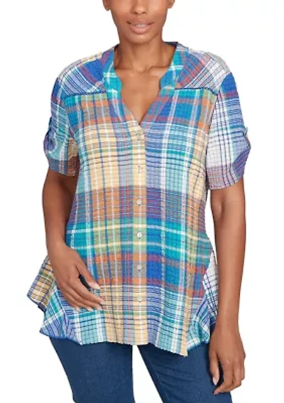 Petite Crinkle Knit Plaid Button Down T-Shirt