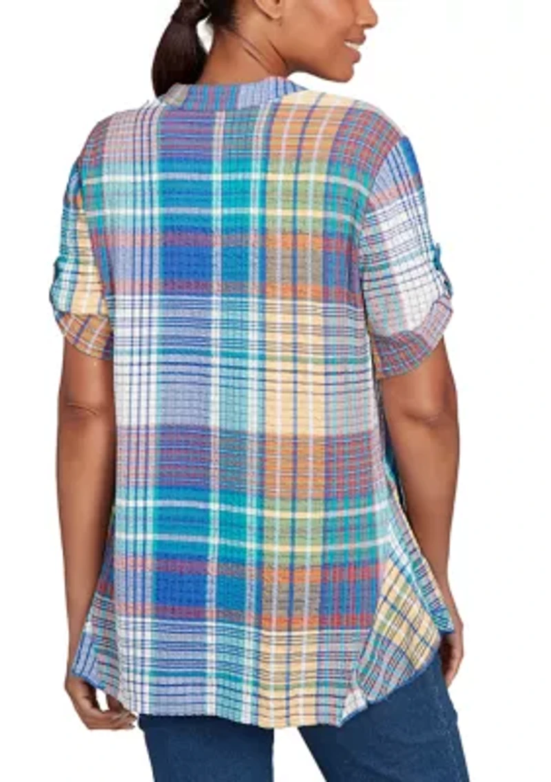 Petite Crinkle Knit Plaid Button Down T-Shirt