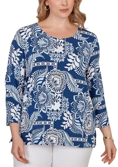 Plus Tropical Patchwork Scoop Neck Knit Top