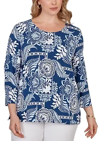 Plus Tropical Patchwork Scoop Neck Knit Top