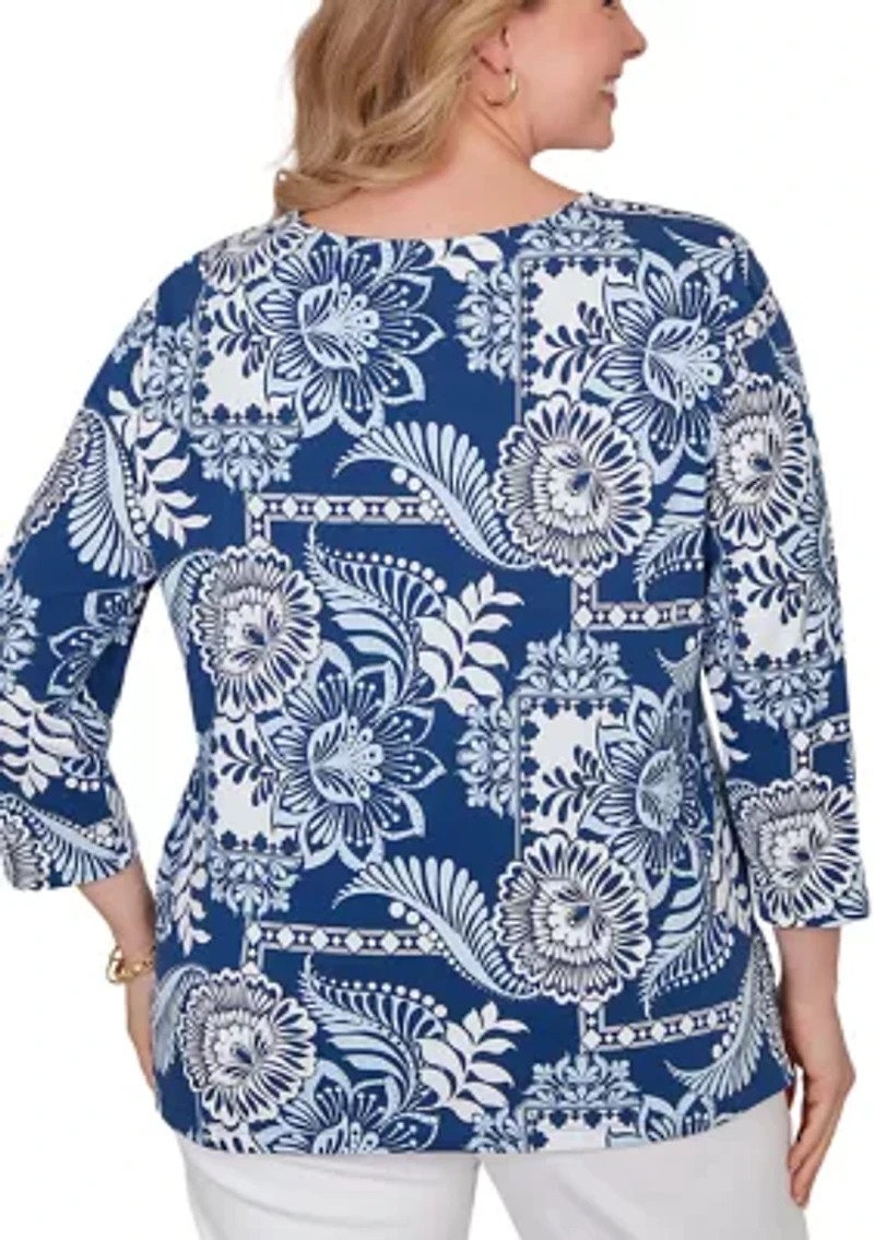 Plus Tropical Patchwork Scoop Neck Knit Top