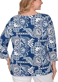 Plus Tropical Patchwork Scoop Neck Knit Top
