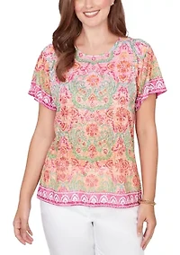 Women's Short Sleeve Scoop Neck Border Print Shirt