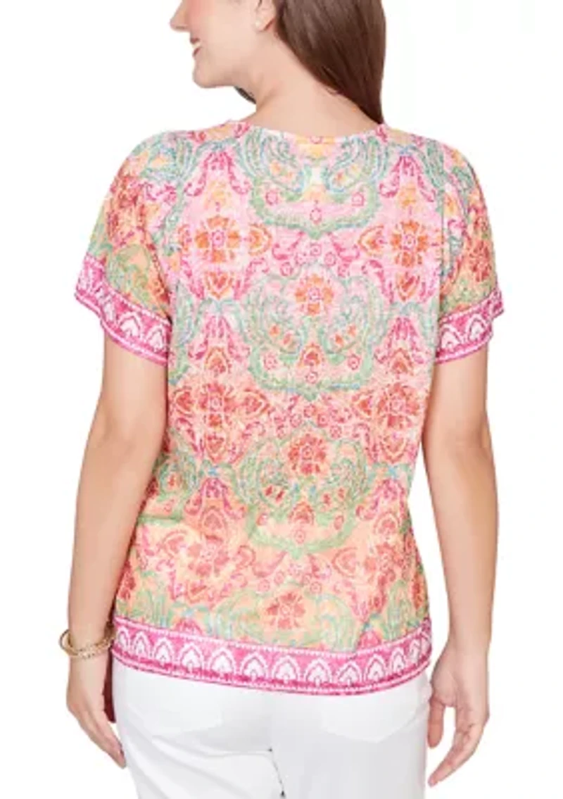 Women's Short Sleeve Scoop Neck Border Print Shirt