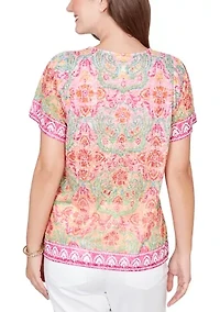 Women's Short Sleeve Scoop Neck Border Print Shirt