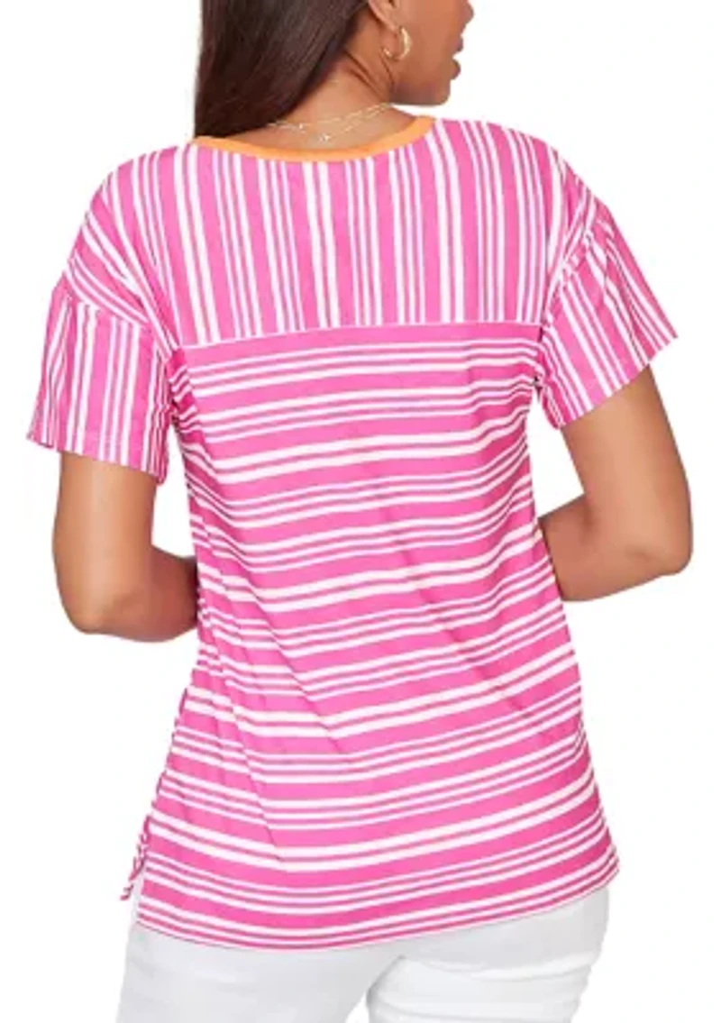Women's Spliced Stripe Tipped Neck T-Shirt