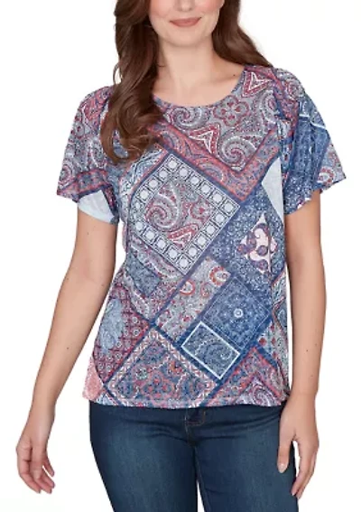 Women's Patchwork Print Shirred Sleeve Shirt