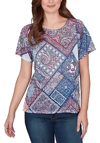 Women's Patchwork Print Shirred Sleeve Shirt