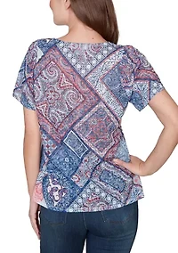 Women's Patchwork Print Shirred Sleeve Shirt