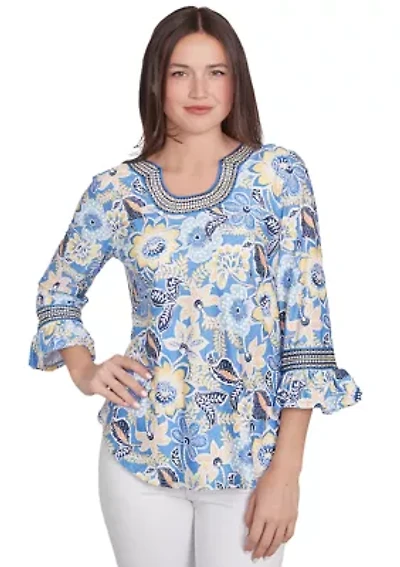 Women's Bohemian Floral Puff Print Top