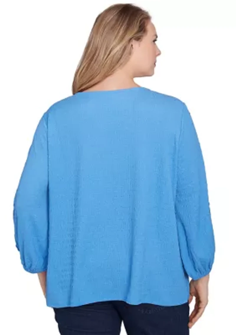 Plus Solid Textured Eyelet Sleeve Top