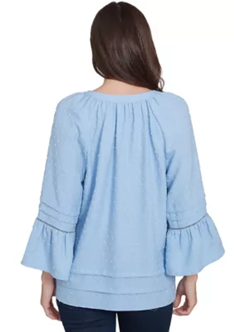 Petite Clip Dot Button Front Flared Sleeve Top