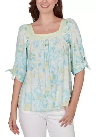Women's Watercolor Floral Square Neck Top