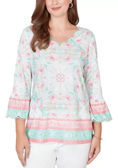 Women's Scalloped Neck Tapestry Print Knit Top