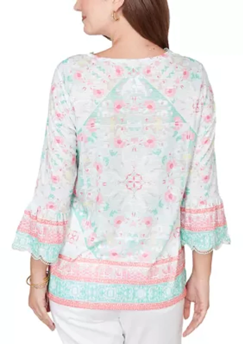 Women's Scalloped Neck Tapestry Print Knit Top