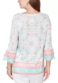 Women's Scalloped Neck Tapestry Print Knit Top