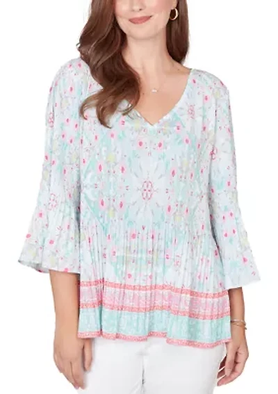 Women's Pleated Tapestry Print Bell Sleeve Blouse