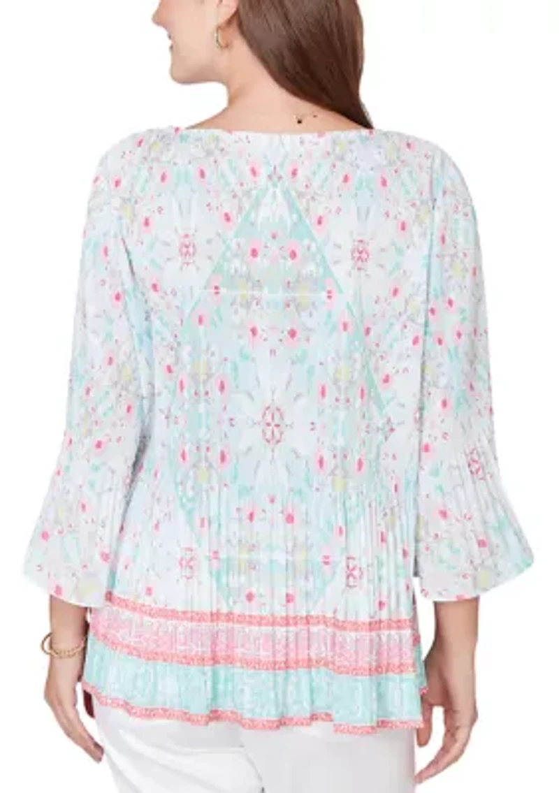 Women's Pleated Tapestry Print Bell Sleeve Blouse