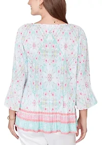 Women's Pleated Tapestry Print Bell Sleeve Blouse