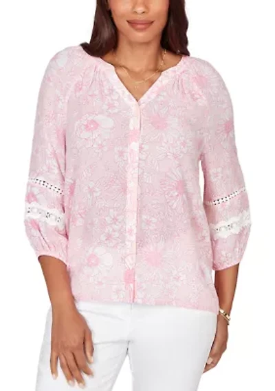 Women's Floral Silky Gauze Peasant Top